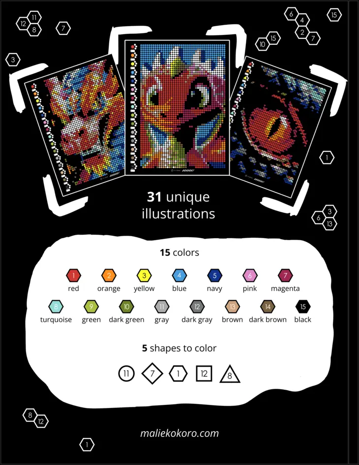 Color by Number - Dragons [Black Edition] - Mystery Mosaics Coloring Book