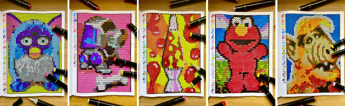 5 Finished Colouring Pages - Colour by Number - 90s Vibes | Mystery Mosaic | Pixel | For Adults