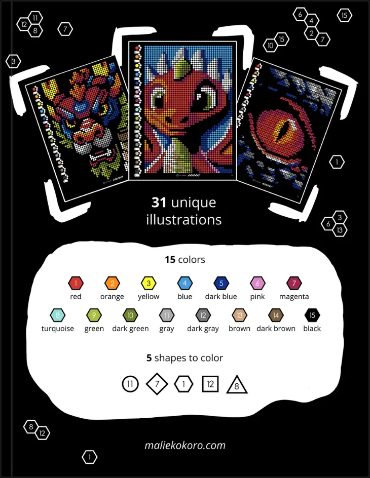 Color by Number - Dragons [Black Edition] - Mystery Mosaics Coloring Book