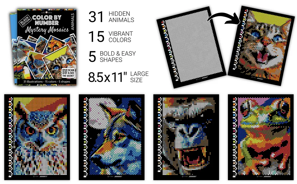 Color by Number - Animals [Black Edition] - Mystery Mosaics Coloring Book
