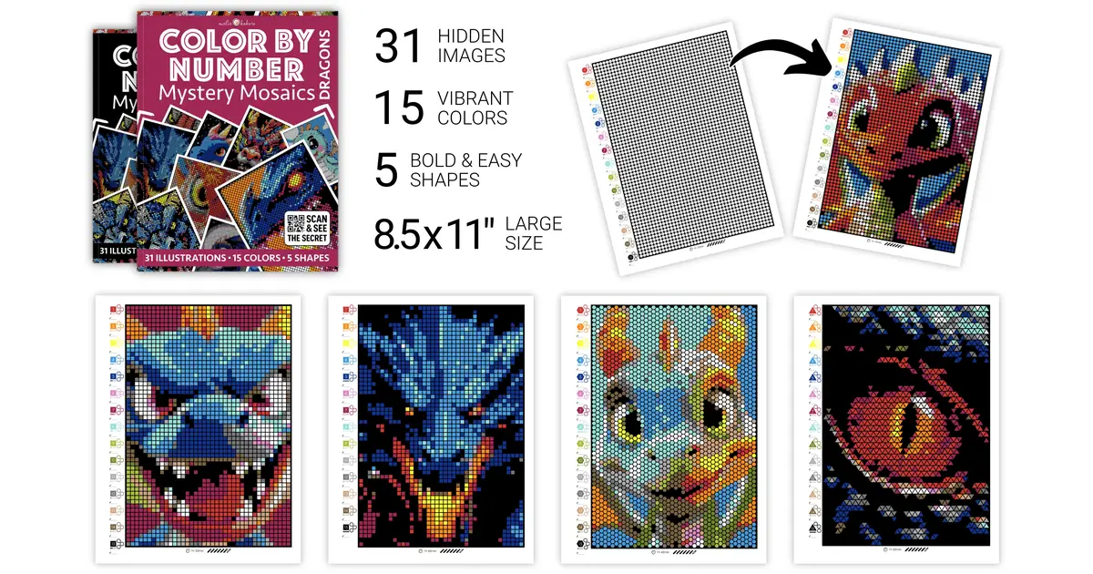 Color by Number - Dragons - Mystery Mosaics Coloring Book