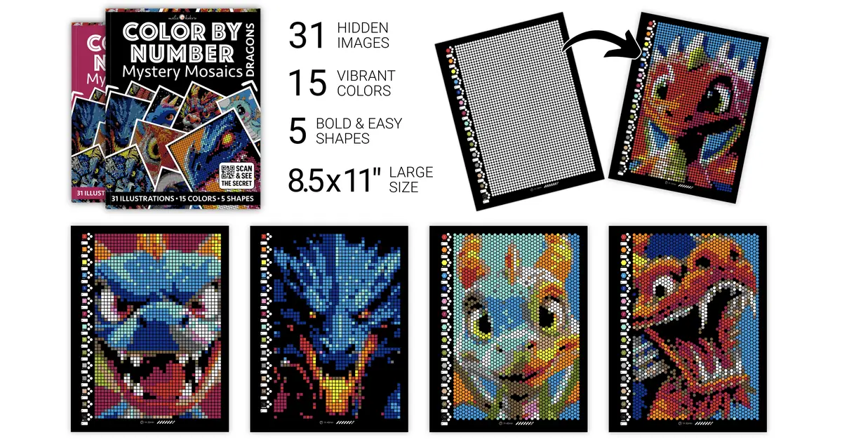 Color by Number - Dragons [Black Edition] - Mystery Mosaics Coloring Book