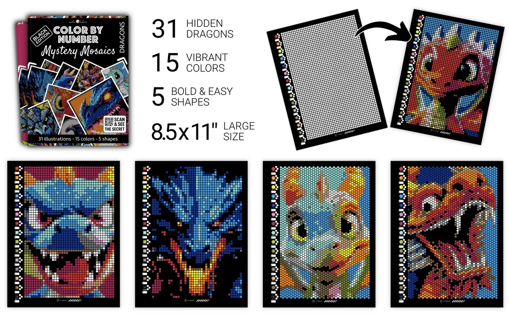 Color by Number - Dragons [Black Edition] - Mystery Mosaics Coloring Book