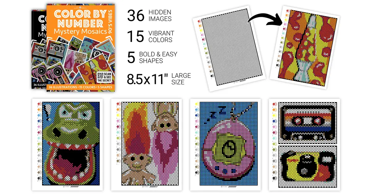 Color by Number - 90s Vibes - Mystery Mosaics Coloring Book