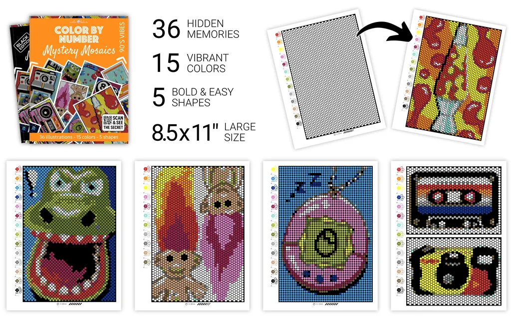 Color by Number - 90s Vibes - Mystery Mosaics Coloring Book