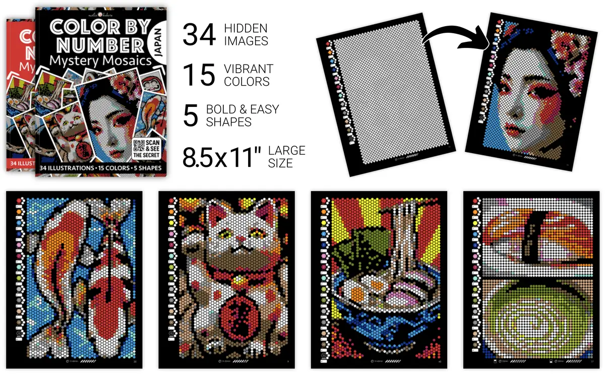 Color by Number - Japan [Black Edition] - Mystery Mosaics Coloring Book