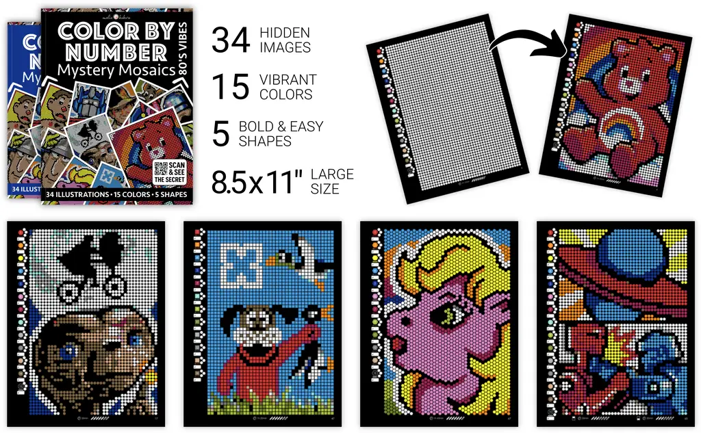 Color by Number - 80s Vibes - Mystery Mosaics Coloring Book