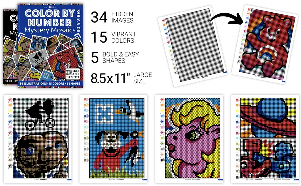 Color by Number - 80s Vibes - Mystery Mosaics Coloring Book