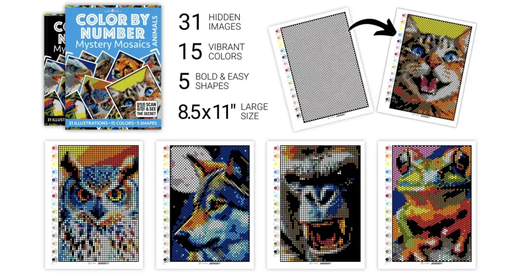Color by Number | Mystery Mosaics - Animals | 31 Hidden Animals, 15 Vibrant Colors, Bold & Easy