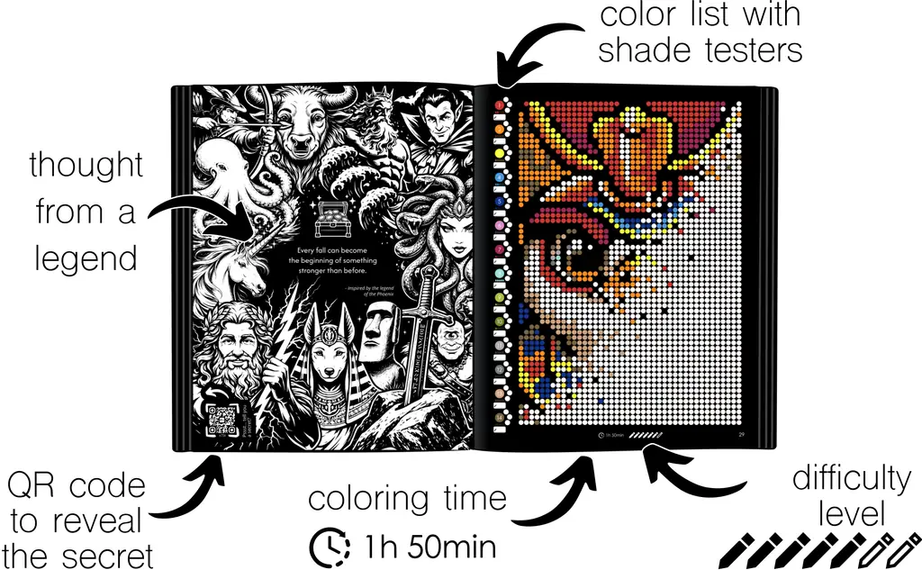 Color by Number - Legends [Black Edition] - Mystery Mosaics Coloring Book