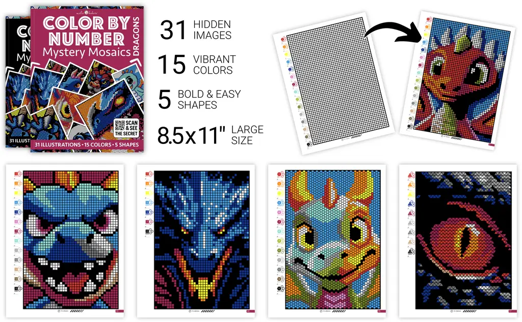 Color by Number - Dragons - Mystery Mosaics Coloring Book
