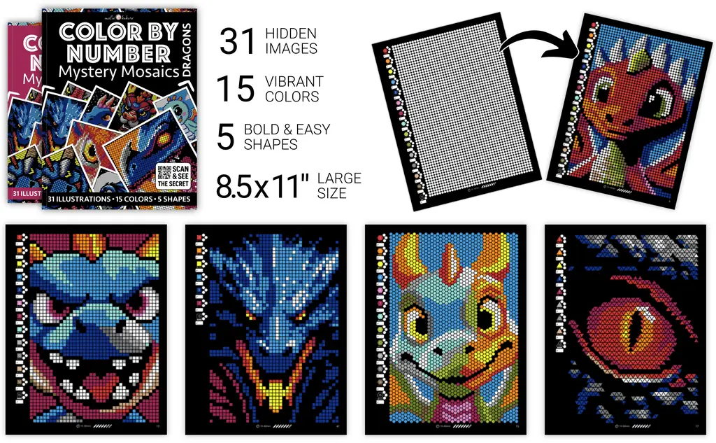 Color by Number - Dragons [Black Edition] - Mystery Mosaics Coloring Book